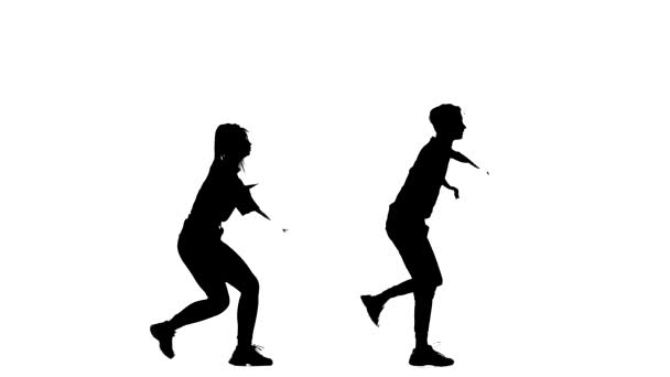 silhouette noire sur fond blanc, duo de jeunes danseurs danse vogue, street dance, isolé 