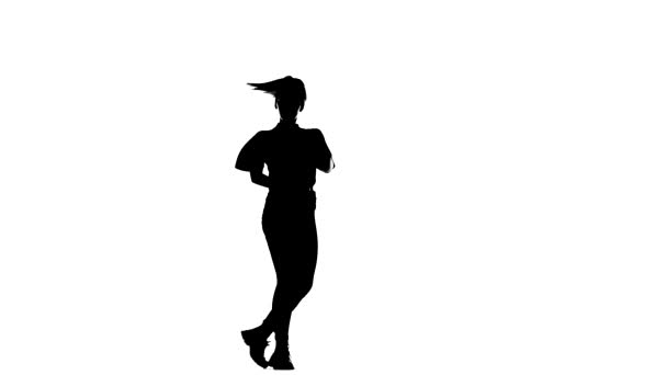 Чорний Силует Білому Тлі Дівчина Танцює Моду Вуличні Танці Ізольовані — стокове відео