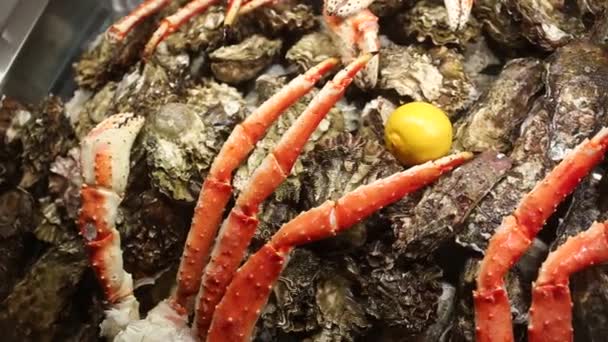 Ostras Plato Cangrejo Cerca Vista Macro Timelapse Seafood — Vídeos de Stock