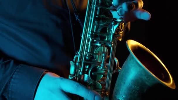 Man Fingers Playing Saxophone Beautiful Blues Melody Close Black Background — Stock Video