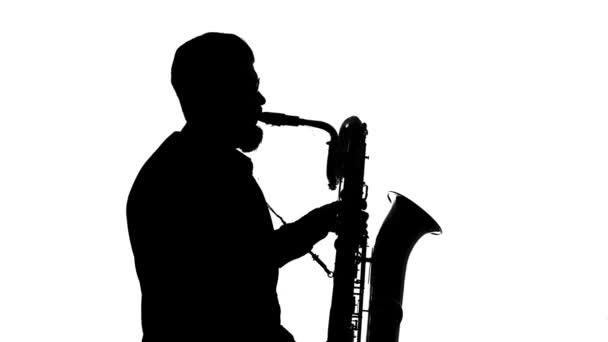 Saxophoniste Joue Saxophone Silhouette Isolé Solo — Video