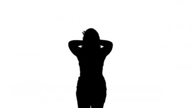 Uzun saçlı güzel bir kızın orta boy göbek dansı, oryantal dans, egzotik dans, beyaz arka planda siyah siluet.