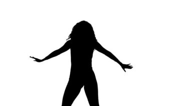 Genç ve güzel bir kadının dans pisti, sokak dansı, Latin dansı, beyaz arka planda siyah bir siluet.