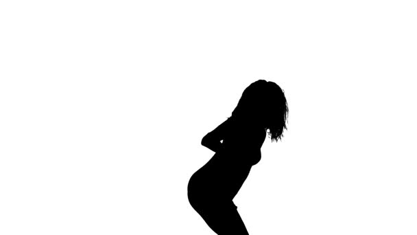 Μαύρη Σιλουέτα Λευκό Φόντο Νεαρή Όμορφη Κοπέλα Εκτελεί Ενεργητικός Χορός — Αρχείο Βίντεο