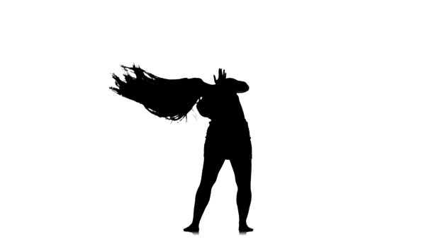 schwarze Silhouette auf weißem Hintergrund junge schöne Frau mit langen Haaren und einer schönen prallen Figur, die Bauchtanz, orientalischen Tanz, exotischen Tanz, Zeitlupe tanzt