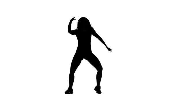 Silhueta Preta Fundo Branco Jovem Mulher Bonita Dançando Energeticamente Dancehall — Vídeo de Stock