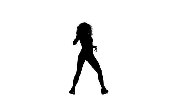 Μαύρη Σιλουέτα Λευκό Φόντο Νεαρή Όμορφη Γυναίκα Ενεργειακά Χορεύοντας Αίθουσα — Αρχείο Βίντεο
