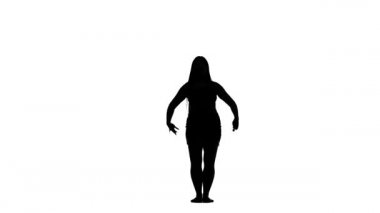 Beyaz arka planda siyah bir siluet, uzun saçlı güzel bir kadın ve güzel tombul vücut dansı, göbek dansı, doğulu dans, egzotik dans