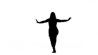 Beyaz arka planda siyah bir siluet, uzun saçlı güzel bir kadın ve güzel tombul vücut dansı, göbek dansı, doğulu dans, egzotik dans