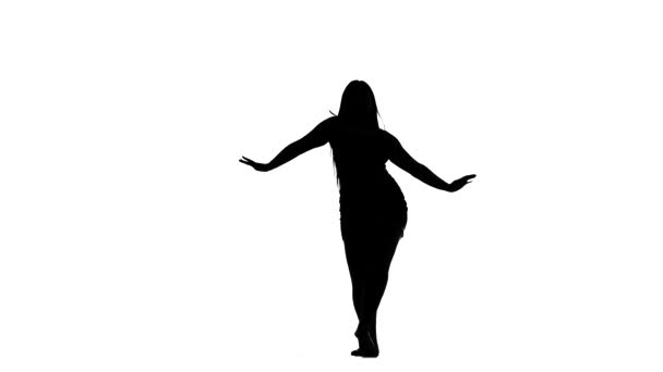 Черный Силуэт Белом Фоне Молодая Красивая Женщина Длинными Волосами Красивым — стоковое видео
