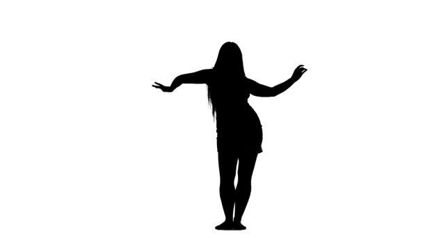 schwarze Silhouette auf weißem Hintergrund, junge schöne Frau mit langen Haaren und schönem prallen Körper, die Bauchtanz, orientalischen Tanz, exotischen Tanz tanzt
