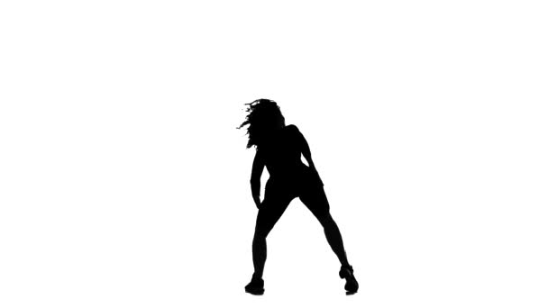 Silhueta Preta Fundo Branco Jovem Mulher Bonita Energeticamente Dancehall Dançando — Vídeo de Stock
