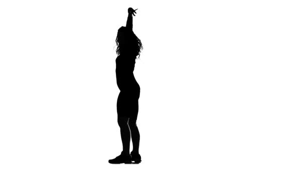 白色背景上的黑色轮廓 年轻漂亮的女子精力充沛地跳舞 提勒舞 — 图库视频影像
