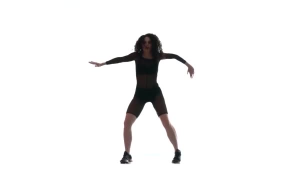 Young Beautiful Girl Black Transparent Tight Suit Energetically Dancing Dancehall — Stock Video