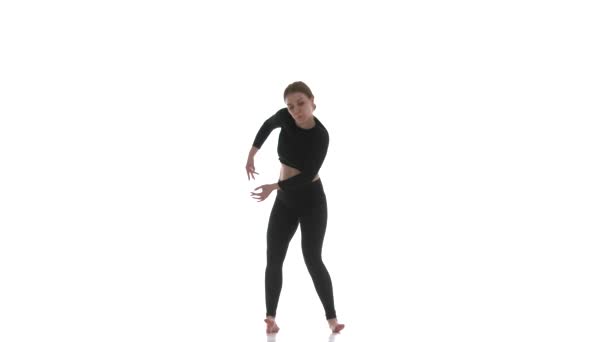 Young Beautiful Woman Dancer Black Short Top Black Leggings Dancing — Stock Video