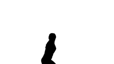 Beyaz arka planda siyah bir siluet, genç ve güzel bir kız dansçı, modern bale dansı, orta boy.