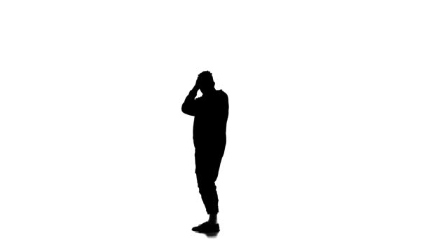 Černá Silueta Bílém Pozadí Mladý Energický Muž Tanec Hip Hop — Stock video