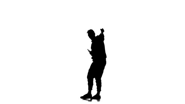 Black Silhouette White Background Young Energetic Guy Vigorously Dancing Hip — Stock Video