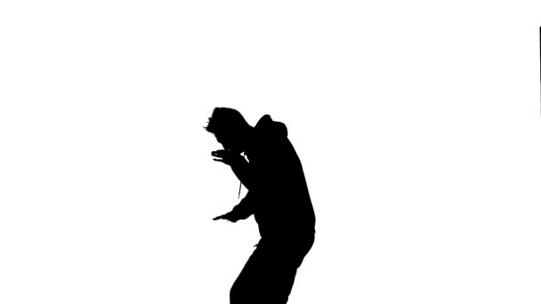 Black Silhouette White Background Young Energetic Guy Dancing Hip Hop — Stock Video