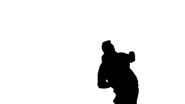 Black Silhouette White Background Young Energetic Guy Dancing Hip Hop — Stock Video