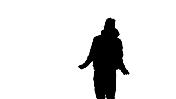 白色背景上的黑色轮廓 年轻精力充沛的小伙子跳嘻哈 自由式 街头舞蹈 中长枪 — 图库视频影像