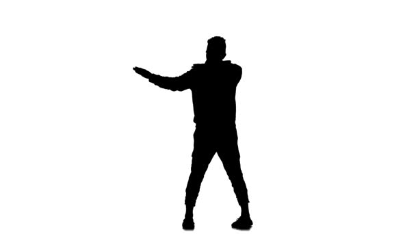 Silhueta Preta Fundo Branco Jovem Homem Enérgico Dançando Hip Hop — Vídeo de Stock