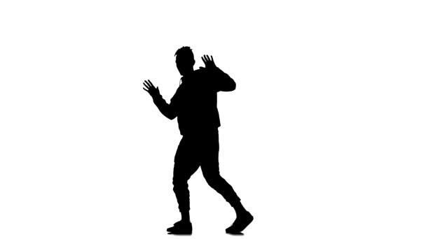 Black Silhouette White Background Young Energetic Man Dancing Hip Hop — Stock Video