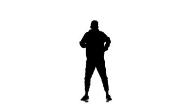 Beyaz arka planda siyah siluet, genç enerjik adam hip hop, serbest stil, sokak dansı, ağır çekim