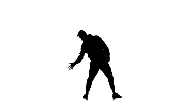 白い背景の黒いシルエット若い元気男がヒップホップ フリースタイル ストリートダンス スローモーションで踊る — ストック動画