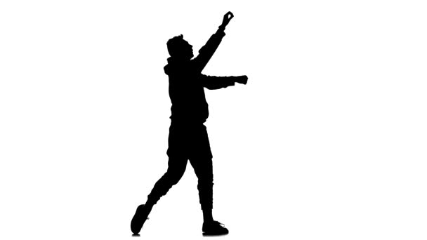 Black Silhouette White Background Young Energetic Man Dancing Hip Hop — Stock Video