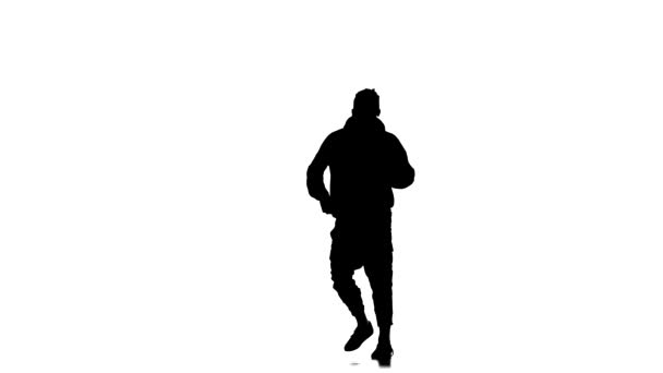 Black Silhouette White Background Young Energetic Man Dancing Hip Hop — Stock Video