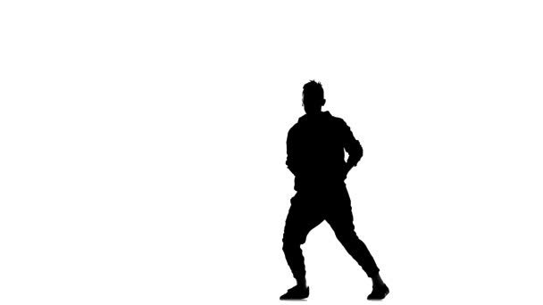 Μαύρη Σιλουέτα Λευκό Φόντο Νεαρός Ενεργητικός Άνθρωπος Που Χορεύει Hip — Αρχείο Βίντεο