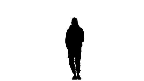Schwarze Silhouette Auf Weißem Hintergrund Junger Energischer Mann Der Hip — Stockvideo