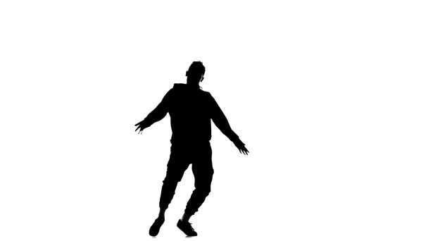 Zwart Silhouet Een Witte Achtergrond Jonge Energieke Man Dansend Hip — Stockvideo