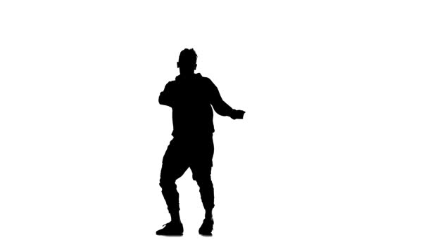 Black Silhouette White Background Young Energetic Guy Dancing Hip Hop — Stock Video