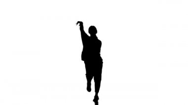 Beyaz arka planda siyah bir siluet, siyah taytlı genç bir kadın dansçı ve siyah tişörtlü bir hiphop, çağdaş, modern sokak dansı