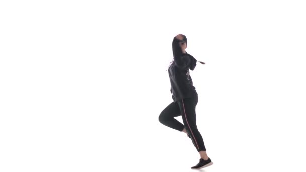 Young Beautiful Woman Dancer Black Leggings Black Shirt Dancing Hip — Stock Video