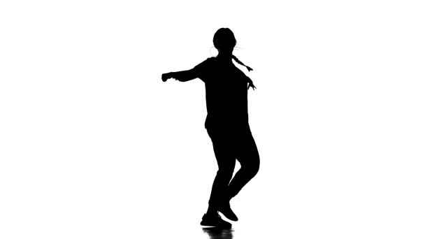 Μαύρη Σιλουέτα Λευκό Φόντο Νεαρή Όμορφη Χορεύτρια Χορεύτρια Hiphop Χορό — Αρχείο Βίντεο