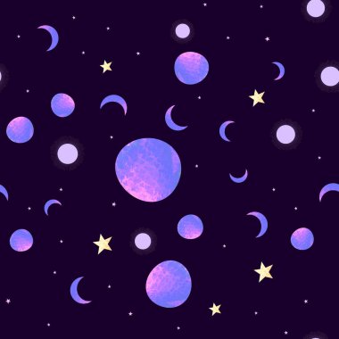 Koyu arkaplanda uzay grafik elementleri olan kusursuz desen. Dekoratif galaktik arkaplan