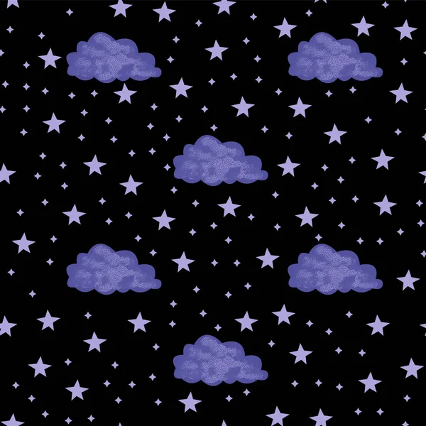 Sömlös mönster med utrymme grafiska element på mörk bakgrund. Dekorativ stjärnklar bakgrund med moln — Stock vektor