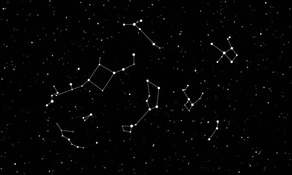 Fundo preto abstrato com estrelas e constelações para o seu design. Vector céu estrelado noite. Cenário espacial . —  Vetores de Stock