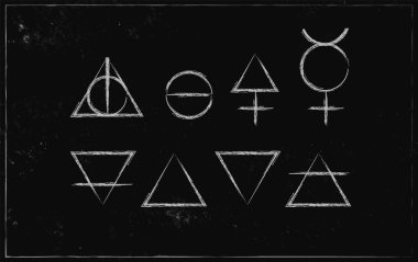 Alchemy symbols isolated on dark background. Magic vector decorative elements clipart