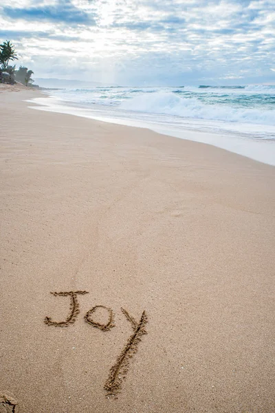 Slovo Joy Napsané Písku Pláži Vlnou — Stock fotografie