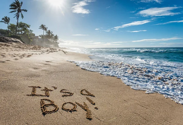 Chlapec Genderové Odhalení Napsané Písku Pláži Sunset Beach Havaji — Stock fotografie