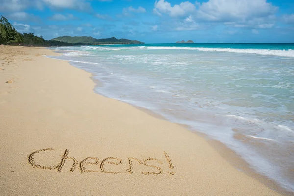 Cheers Written Sand Waimanalo Beach Hawaii Ocean Background — Stock fotografie