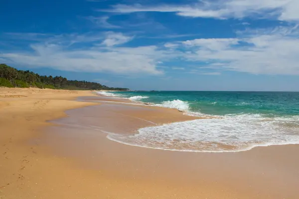 Schöner Strand. Blick auf schönen tropischen Strand mit Palmen rundherum. Stockbild