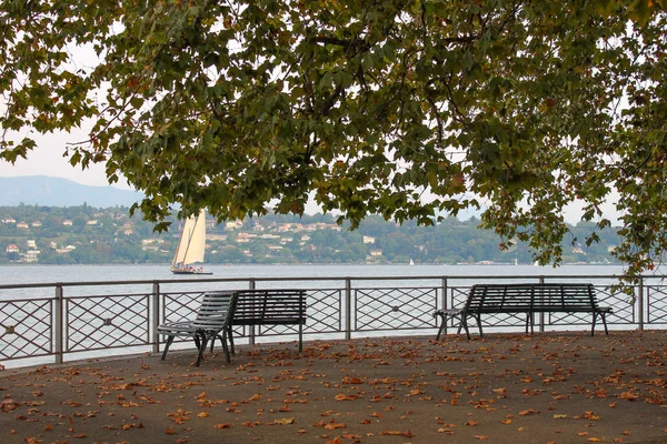 Panchina sul lago di Ginevra, Svizzera . — Foto Stock