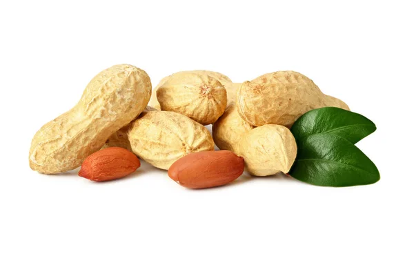 Amendoins Secos Com Folhas Isoladas Fundo Branco Alimentos — Fotografia de Stock