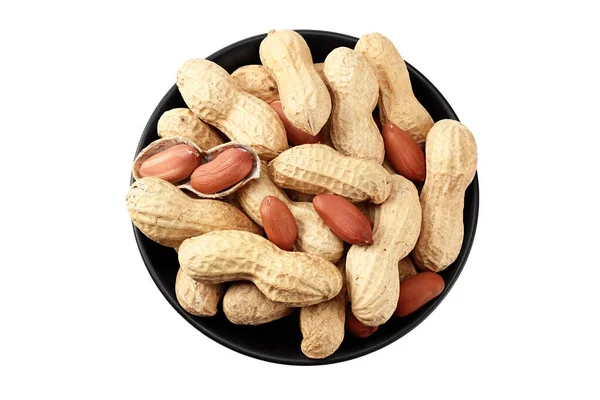 Amendoins Secos Uma Placa Preta Isolada Fundo Branco Comida Vista — Fotografia de Stock