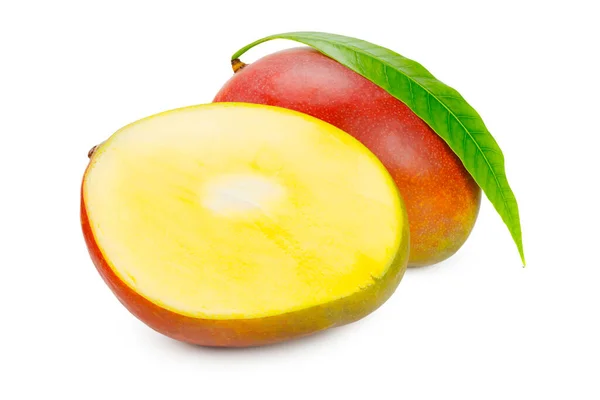Mango Con Fette Foglie Verdi Isolate Fondo Bianco Cibo Sano — Foto Stock